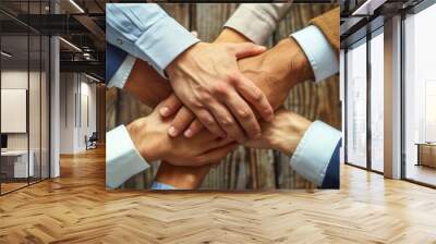 business, people and teamwork concept - close up of group of businesspeople hands on top of each other over wooden background Wall mural