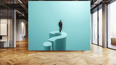 Business decision concept with businessman visionary standing on giant question mark. Symbol of business vision, objective, challenge, opportunity. Photorealistic 3D rendering. Wall mural