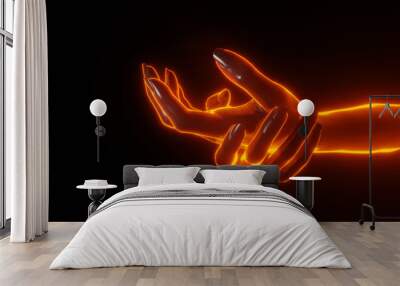 Close up 3D view of right hand holding left hand with light fire glowing effect. Concept of please. Wall mural