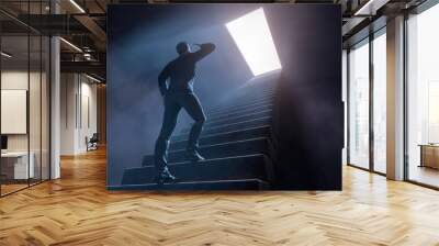 Concept with businessman walking up stairs look forward secrets future. Photorealistic 3D rendering. Wall mural