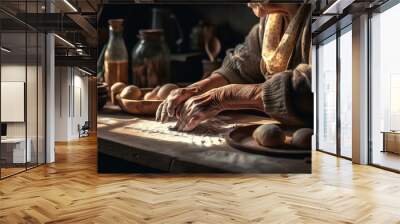 Elderly woman kneading dough on a wooden table. Generative AI Wall mural