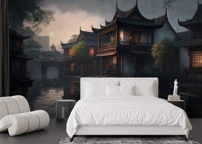 Fantasy Chinese town in the middle of a lake with a wooden bridge. Generative AI Wall mural