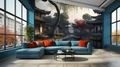 Fantasy Landscape of Traditional Chinese Architecture in Suzhou, China. Generative AI Wall mural