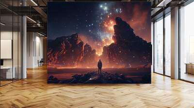 Fantasy landscape with a man standing in front of the milky way, Generative AI Wall mural