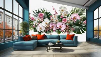 Flower arrangement with orchids and palm leaves on white background Wall mural