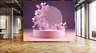 Generative AI, abstract background, podium for product presentation with flowers. Wall mural