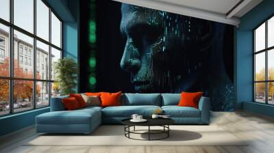 Generative AI of cyborg head with binary code and digital background Wall mural