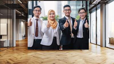 group of asian business people showing thumbs up at modern office building, Generative AI Wall mural