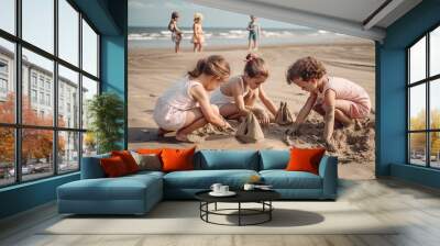 Group of happy children building sand castle on beach. Selective focus. Generative AI Wall mural