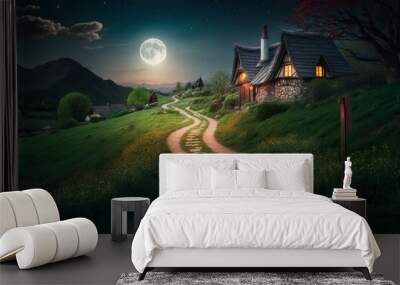 Houses on the hill at night in full moon light. Fantasy landscape. Generative AI Wall mural