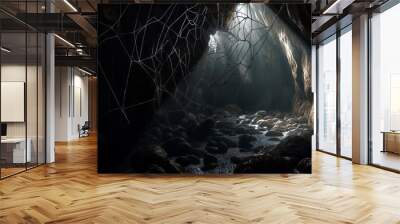 Interior of a dark cave with crystal clear water and cobwebs Wall mural