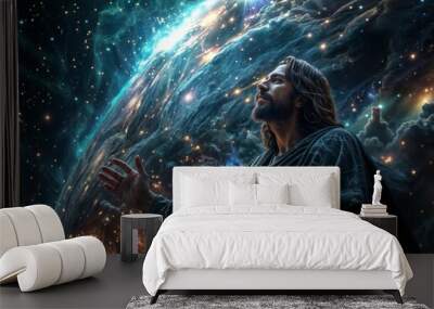 Jesus Christ in space with stars and nebula. Wall mural