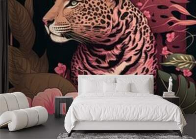 Leopard and tropical flowers. Hand drawn Generative AI illustration in vintage style. Wall mural