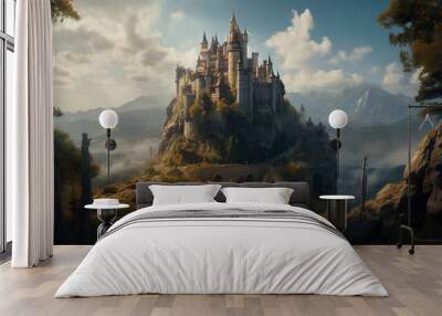 Magic Fairy Tale Castle in the mountains. Fantasy landscape. Generative AI Wall mural