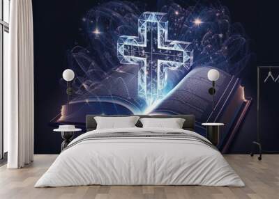 Open book with glowing cross on dark background. Religion concept. Generative AI Wall mural