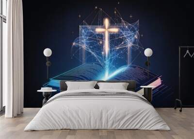 Open book with glowing cross on dark blue background. Religious concept. Generative AI Wall mural