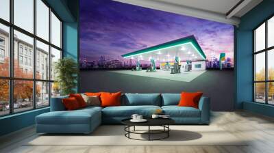 Petrol gas station at night with city building Wall mural