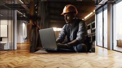 Portrait of confident male supervisor in hardhat working with laptop in warehouse, Generative AI Wall mural