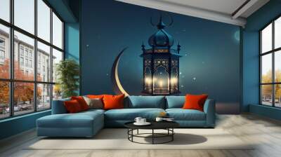 Ramadan Kareem greeting card with lantern and crescent moon. Generative AI Wall mural