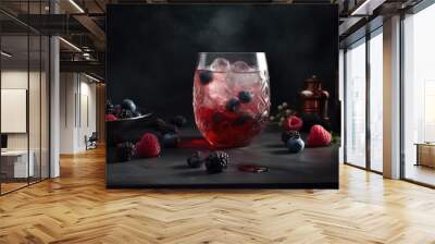 Refreshing berry cocktail with ice cubes and berries on black background, Generative AI Wall mural