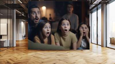 Shocked family watching horror movie on sofa at night in living room, Generative AI Wall mural