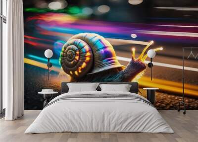 Snail crawling on asphalt road with colorful light trails at night. Generative AI Wall mural