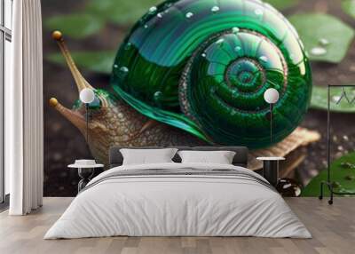 Snail with green shell on dark background. Generative AI Wall mural