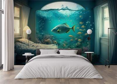 Underwater scene with fish swimming in the room. Generative AI Wall mural