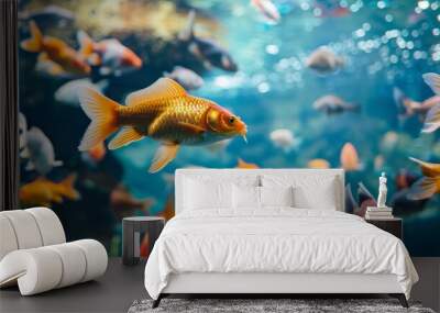 Vibrant and colorful fish swimming in a brightly lit aquarium, showcasing the beauty and diversity of underwater life.. Wall mural