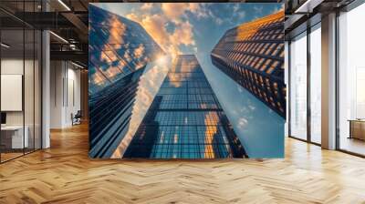 View of towering skyscrapers with reflective glass surfaces, set against a backdrop of a cloudy sky during a colorful sunset.. Wall mural