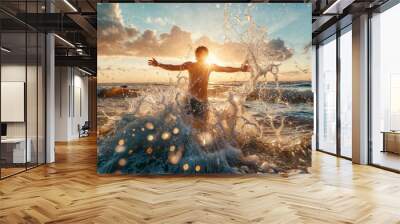 Young man splashing water on the beach at sunset in summer. Wall mural