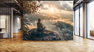 Young woman meditating on the top of a mountain during sunrise. Wall mural