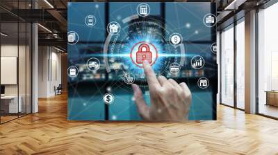 Businessman touch virtual padlock icon over the Network connection, Cyber Security Data Protection Business Technology Privacy concept Wall mural