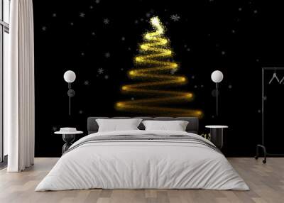 Christmas tree with falling snowflakes on back background. Christmas tree made of gold particles. Wall mural