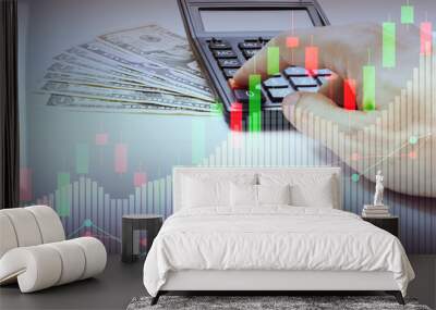 Double exposure of Hand use calculator and Dollar money and stock market or financial graph for financial investment concept Wall mural