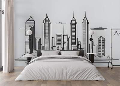 black Modern cityscape continuous one line vector drawing background Wall mural