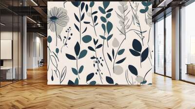 botanical leaf modern includes a flower line art design and floral organic shape design in a minimalist doodle style background Wall mural