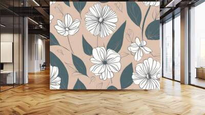 botanical leaf modern includes a flower line art design and floral organic shape design in a minimalist doodle style background Wall mural