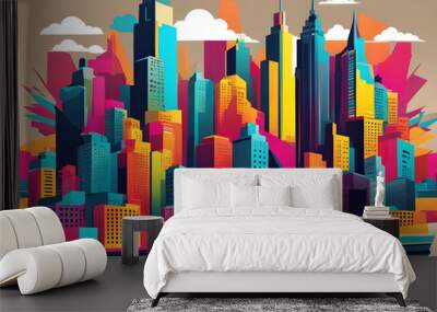 colorful city  with cool isolated pop art style background Wall mural