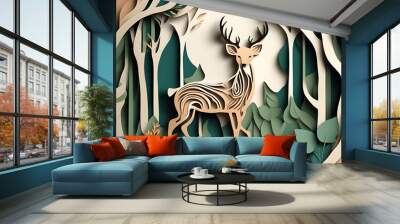 Deer in natural forest layered shape wavy background Wall mural