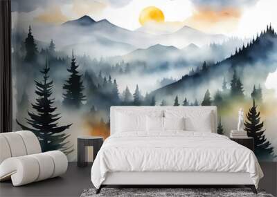 Foggy watercolor landscape with coniferous forest background Wall mural