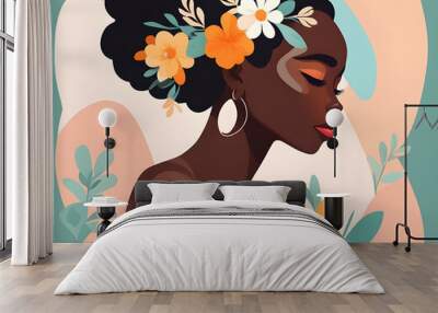 lack African girl woman portrait. Side pose. Flowers in your hair background Wall mural