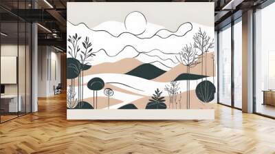 landscape illustration , nature landscape background.wall art vector. Foliage line art drawing with abstract shape. Wall mural