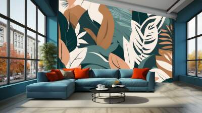 Seamless vector floral pattern with tropical leaves and abstract shapes. Wall mural