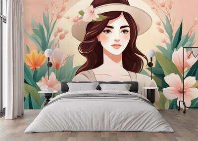 Spring Day portrait icon avatar beautiful woman among plants and flowers background Wall mural