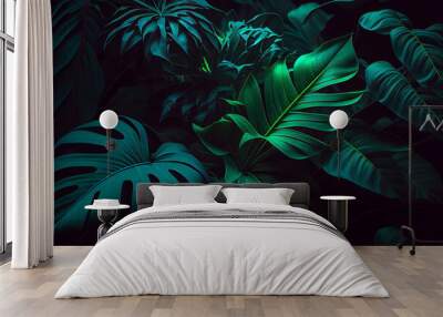 Abstract natural background. Exotic leaves pattern. Creative background with bright colorful monstera leaves. Jungle fauna. Created with Generative AI Wall mural