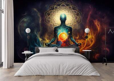 Astral body levitate over bed in the bedroom. Soul flies out of the sleeping person. Travel to another world after life. Spiritual life and meditation trance. Created with Generative AI Wall mural