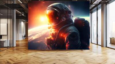 Astronaut in space suit flying in outer space with planet on background, close up. Deep space exploration. Created with generative ai Wall mural