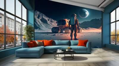 Astronaut in space suit near research station on surface of unknown planet. Space exploration, colonization of new planets and space achievements of mankind. Created with generative ai Wall mural