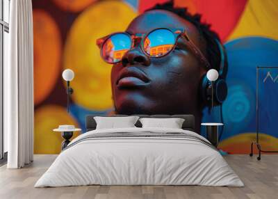 Black man wearing casual attire listening music on bright background. Portrait of man with headphones against colored backdrop Wall mural